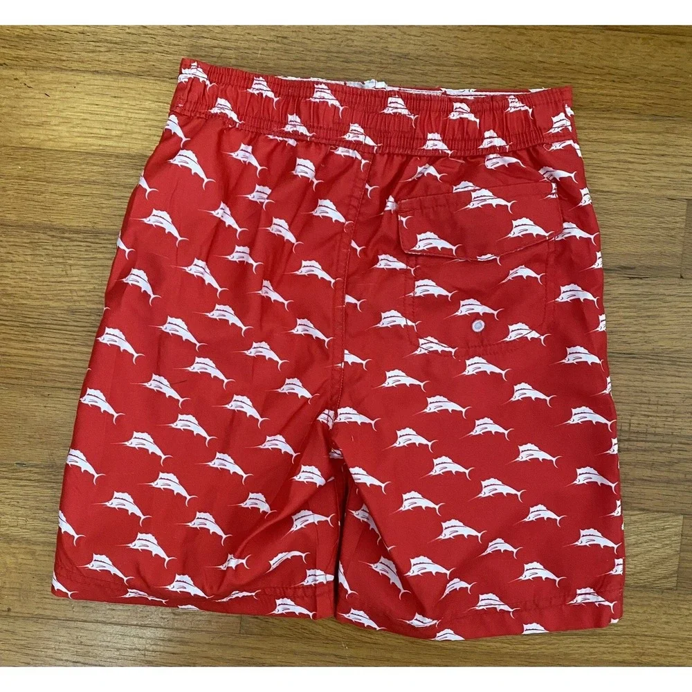 Tommy Bahama UPF 50 Swim Trunks Boys Youth size 6 Red White Marlin Drawstring